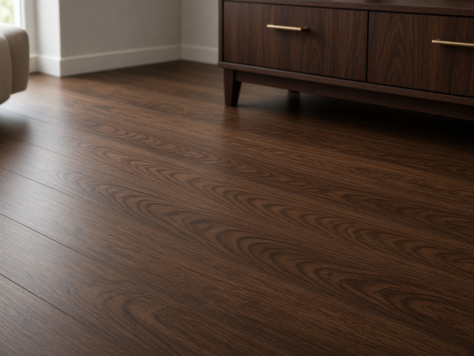 Piso laminado nogal oscuro junto a un mueble de madera