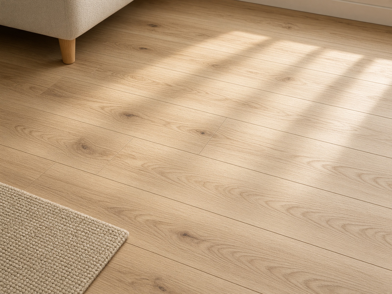 Piso laminado de roble natural en un living con luz de mañana