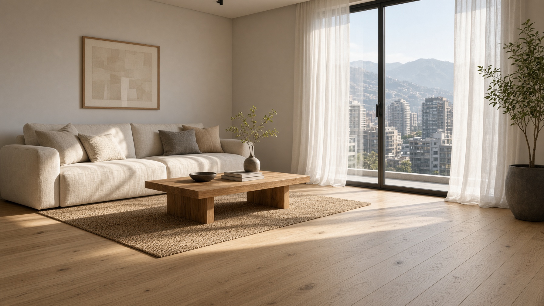 Living de departamento en Santiago con piso laminado de roble claro